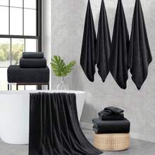 8pcs Oversized Bath Towel Set-2 Extra Large Bath Towel Sheets, 2 Hand Towels, 4 Washcloths Soft Highly Absorbent Quick Dry Shower Towels For Bathroom Beach Chair Hotel And Spa, Wash Cloths - Màu đen - Họa tiết hoa châu Âu - Xem 8