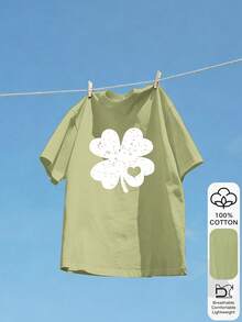 聖帕特里克節 100% 純棉短袖女款 T-shirt，三葉草印花圖案上衣，柔軟面料，純棉，休閒，夏季，度假，旅行風格，海灘氛圍，極簡節日穿搭 - 淺綠色 - 查看 6
