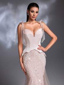 A Light Pink Satin Sequin-Embroidered Deep V-Neck Tulle Lace-Up Mermaid Train Court Luxury Evening Gown - Baby Pink - View 1