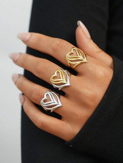3 szt./1 szt. Pierścień ze stali nierdzewnej 304 z nakładającym się sercem, pierścień platerowany 18-karatowym złotem, stylowy, spersonalizowany dodatek, pierścień o ekskluzywnym charakterze, najlepszy wybór na prezenty świąteczne i codzienne dopasowywanie, odpowiedni na codzienne spotkania i imprezy, najlepszy prezent dla przyjaciółek i żon