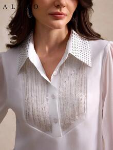 Aliao 精致钻石亮片翻领雪纺衬衫，商务休闲女装，新年装，春季女装，夏季女装，度假装，宫廷风格，优雅女士装，沙滩装，感恩节装，毕业装 - 白色 - 查看 2