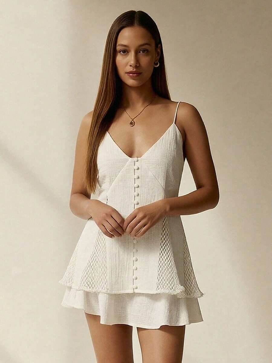 Maternity Summer Sleeveless Tops Mesh Patchwork V-Neck Camisole Casual Pregnancy Clothes For Women - White - View 1