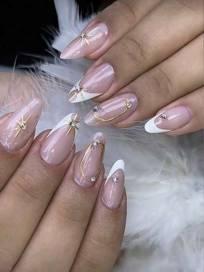 30Pcs French Star Medium Almond Press-On Acrylic Nail Tips, Y2K Gold Fake Nails Set 3D, Featuring Diamond Accessories For Nail Salons, Girls & Women's Nail Supplies, Daily Wear & Holiday Party Decorative Gifts