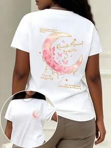 Plus Moon & Slogan 图案短袖T恤 - 白色 - 查看 1