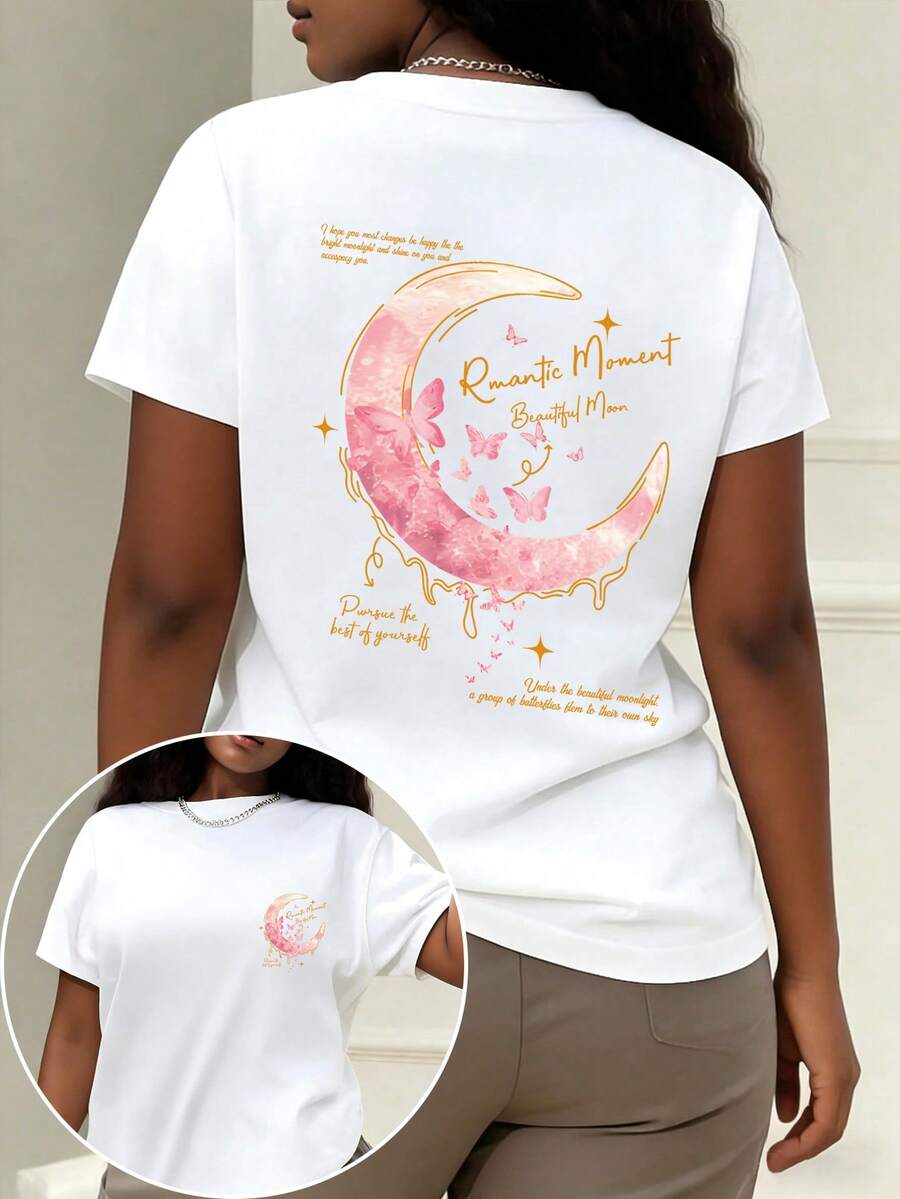 Plus Moon & Slogan 图案短袖T恤 - 白色 - 查看 1