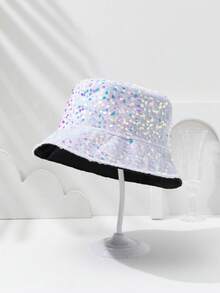 1pc Women's Sequin Bucket Hat, Casual Sun Protection Street Style, Spring/Autumn - White Iridescent Sequins - View 15