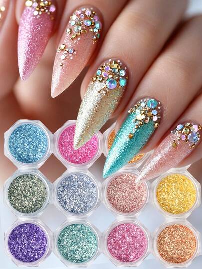 12盒炫彩极光美甲亮片粉，珍珠粉蓝美甲闪粉，闪亮珠光指甲粉，夏季美人鱼美甲设计，适用于UV凝胶指甲油，美甲装饰