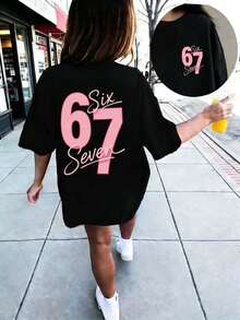 Tween Girl Star Element Six Seven 67 Cartoon Print T-Shirt, Suitable For Girls Outdoor Sports, Casual Wear, Street Style, Campus Style, Fashionable Girls Spring/Summer Versatile Top - Black - View 3