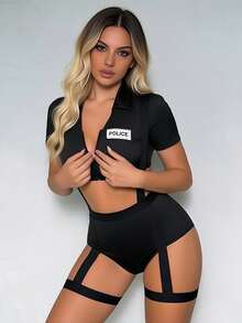 Women  Costume Cosplay Dirty Cop Uniform Halloween Officer Outfits - 黑色 - 查看 6