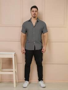 YLF MODAS Men's Short-Sleeved Button-Down Dress Shirt - Plain - Grey - View 2