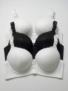 Set Of 3 Lace Bras With Adjustable Straps, Reinforced Cups, Comfortable, Premium Polyamide - 2 White and 1 Black - View 1