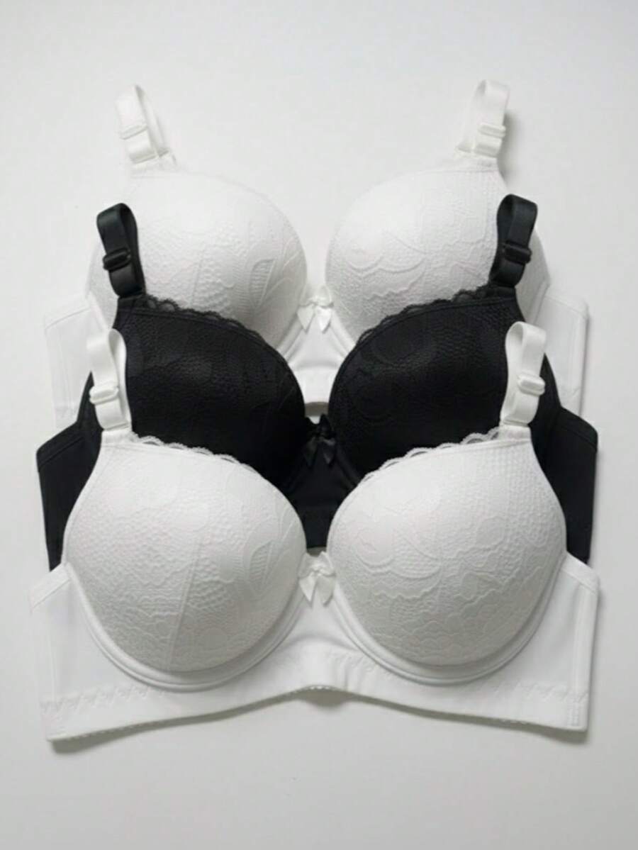 Set Of 3 Lace Bras With Adjustable Straps, Reinforced Cups, Comfortable, Premium Polyamide - 2 White and 1 Black - View 1