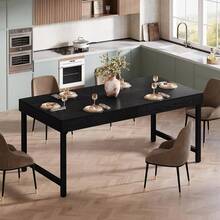 LITTLE TREE 55 Inch Farmhouse Industrial Dining Table, Rectangular Kitchen Table For 4-6 People With Heavy-Duty Metal Legs, Rustic Brown - Black - View 3