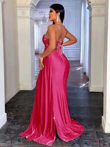 CHOSMO 闪亮基础款绷带优雅派对成熟浪漫极简亮片露背亮片拼接吊带女式大码鸡尾酒礼服婚礼春季 - 玫紅色 - 查看 4