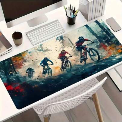 游戏鼠标垫 山地自行车赛车 大号桌面垫 办公桌配件 带缝边防滑鼠标垫 橡胶底座 电脑键盘桌垫 35.4x15.7 英寸 桌垫 适用于家庭办公室 可作为礼物送给朋友 男女