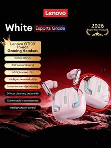 Lenovo GT103 Stylish Bluetooth Headphones, Gaming Headset With 360° Surround Sound, Bluetooth 6.0 Low Latency, Long Gaming & Music Playtime, Silicone Earbuds For Comfortable Wireless Earphones, Compatible With Smartphones & Computers, Great Gift - White - View 12