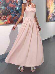 Light Pink Sleeveless Halter Neck Long Dress With Pleated Bodice, Fitted Waist, A-Line Skirt, Back Bow Tie Detail – Sweet Elegant Chic Style Ideal For Art Gallery Visits, Weekend Brunches, City Strolls, Afternoon Teas, Casual Summer Vacations, Plain Dress - Baby Pink - View 7