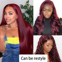 200% Density Lace Front Wig, Human Hair Blend, Free Straight Wig Included, Burgundy 99J Straight Hair, 5x5, 13x4 High Definition Lace Closure Wig, Human Hair Blend, Pre-Plucked, Baby Hair, Brazilian Virgin Straight Human Hair Blend Wig, Natural Hairline For Women, No Glue Needed, Versatile & Everyday Wear - SBUG - View 8