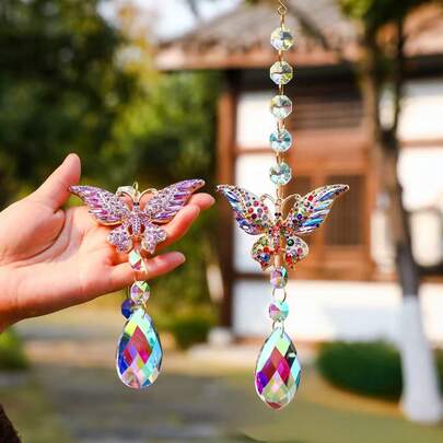 Sun Catcher Garden Decor Butterfly & Dragonfly Diamond-Studded Wind Chime Pendant, Cross-Border Supply, Ox Horn Grid Crystal Pendant