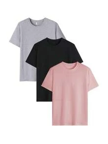 Bộ 3 áo thun nữ tay ngắn cổ tròn mùa hè, kiểu dáng thời trang, đa năng, màu trơn, phù hợp mặc hàng ngày. Áo trắng, áo đen, áo hồng. - Nhiều màu - Xem 3
