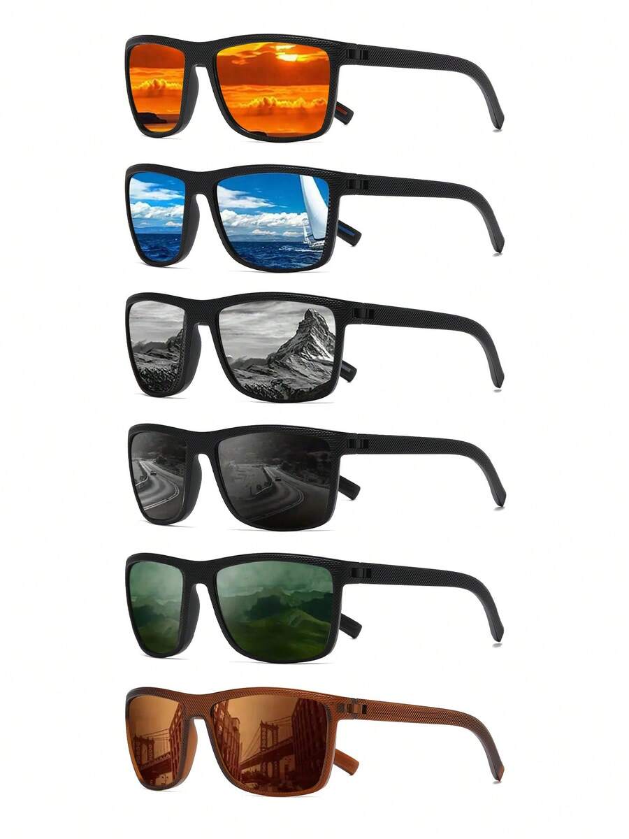 6PCS Retro Casual Square Glasses For Men,And Women Sports Glasses, Stylish And Colorful Lenses Paired With A Sturdy PC Frame, Suitable For Fishing, Hiking, Golf, Driving, Skiing, Summer And Autumn/Winter Minimalist Accessories. - 彩色 - 查看 1