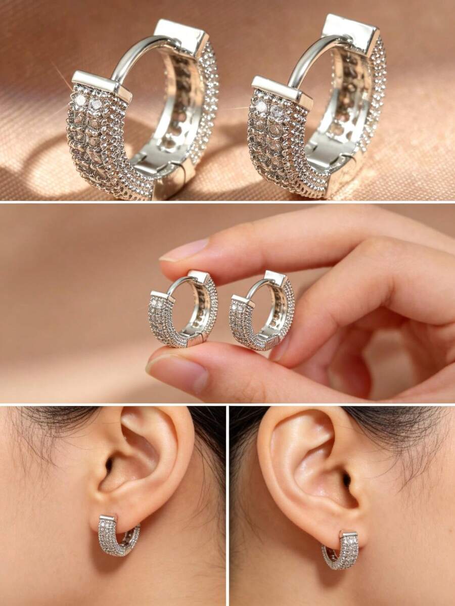 Essential Rhinestone Hoop Earrings | Minimalist Luxury Versatile Design - White Gold - View 1