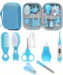 All-In-One Baby Grooming Kit, 8-In-1 Infant Care Set With Hair Brush, Comb, Safety Nail Clipper Aspirator Newborn Essentials For Boys & Girls (0-3 Years) - 藍色 - 查看 1