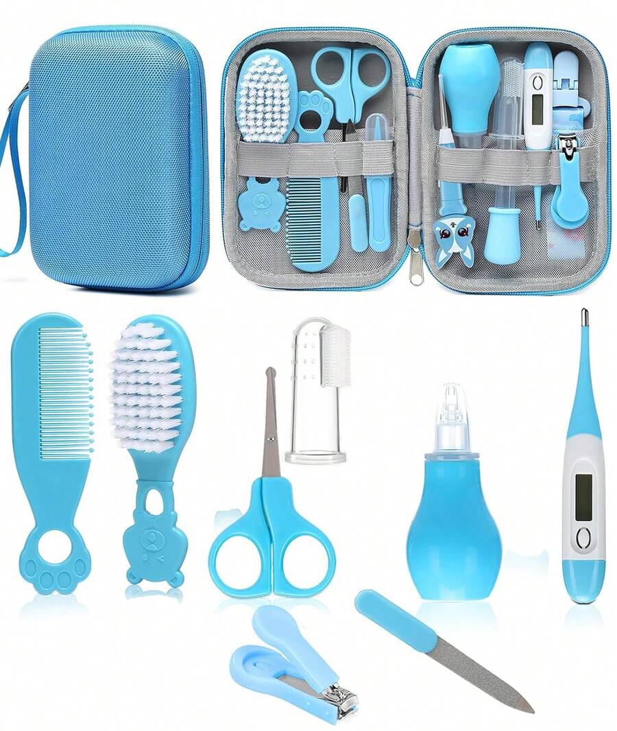 All-In-One Baby Grooming Kit, 8-In-1 Infant Care Set With Hair Brush, Comb, Safety Nail Clipper Aspirator Newborn Essentials For Boys & Girls (0-3 Years) - 藍色 - 查看 1