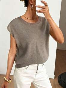 女士时尚弹力针织毛衣，短袖圆领，常规版型 - 卡其色 - 查看 2