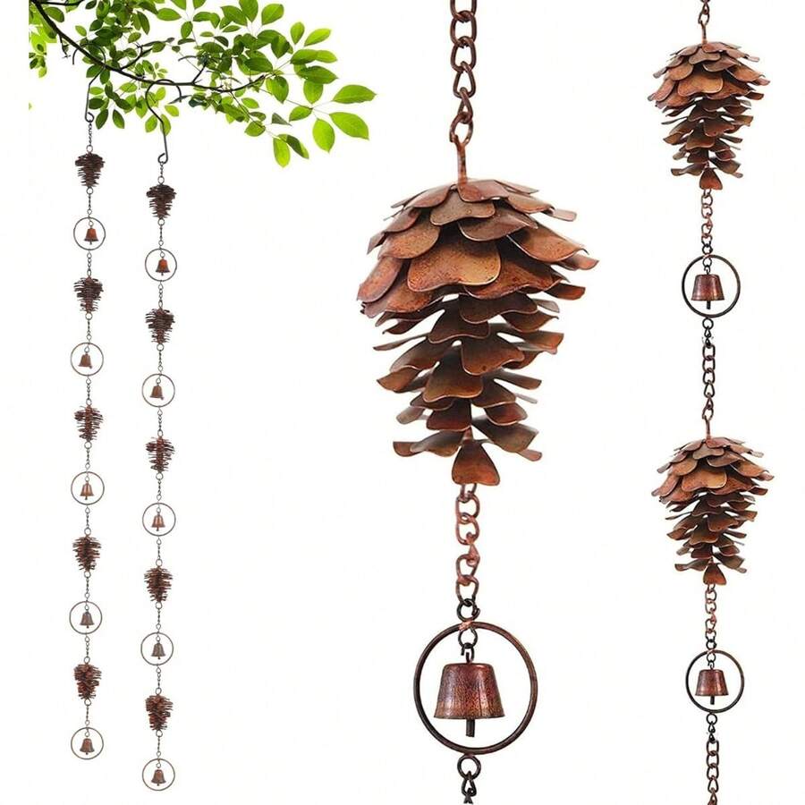 Metal Rain Chain For Outside Adjustable Rain Catcher Chain With Bell For Gutters Outside Eaves Drainage Downspout, For Divert Water And Home Display - 松果形雨鏈 - 查看 1