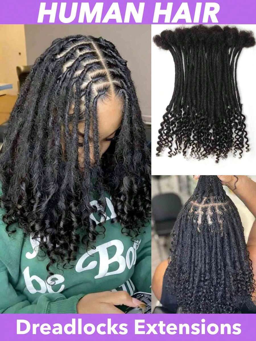 手工钩编脏辫接发，真人发丝，顶部直径0.6厘米，宽度0.4厘米，8、10、12、14、16、18、20英寸可选，卷曲发尾，每包10根，纯手工脏辫接发，可染色漂白，男女老少皆宜。 - Natural Black - 查看 1