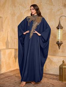 SUPGIR Women's Stand Collar Batwing Sleeve Sequin Patchwork Silk Satin Elegant Fitted Evening Dress Spring - Navy Blue - View 6
