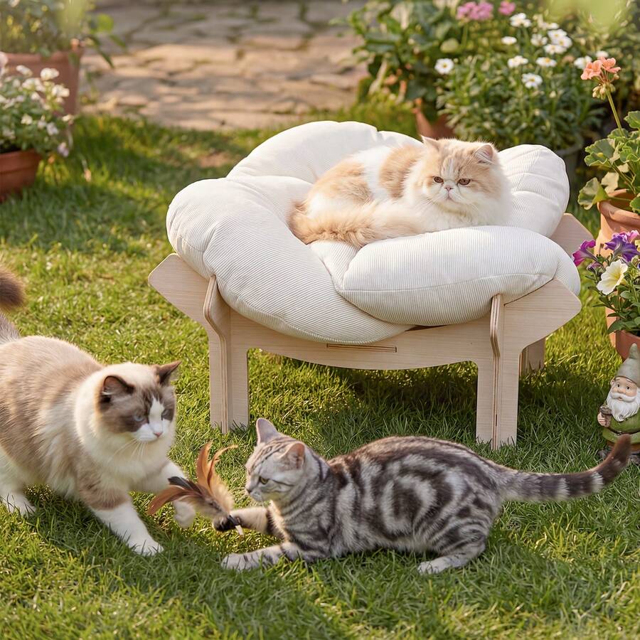 Senmeo 1Pc Large Flower-Shaped Pet Bed(Solid Wood Base/Removable Cushion) For Cat/Small Dog|Modern Luxury - Kích thước chân - Xem 1