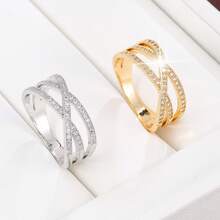 1pc Soft Line Geometric Criss-Cross Design Cubic Zirconia Inlaid Fashion Ring For Women - Multicolor - View 6