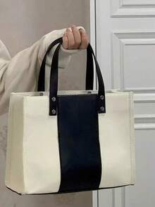 2026 New Minimalist Japanese Style Black & White Canvas Tote Bag, Large Capacity Student/Commute Shoulder Bag - Black and White - View 4