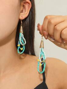 2pcs Fashionable Rice Bead Water Drop Layered Bohemian Long Earrings - Multicolor - View 1