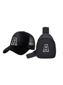2pcs/Set Kids A-Z Letter Mesh Baseball Cap And Bag, Fashionable Sports Sun Hat With Adjustable Buckle, Travel Waist Pack Crossbody Bag - Black - View 6