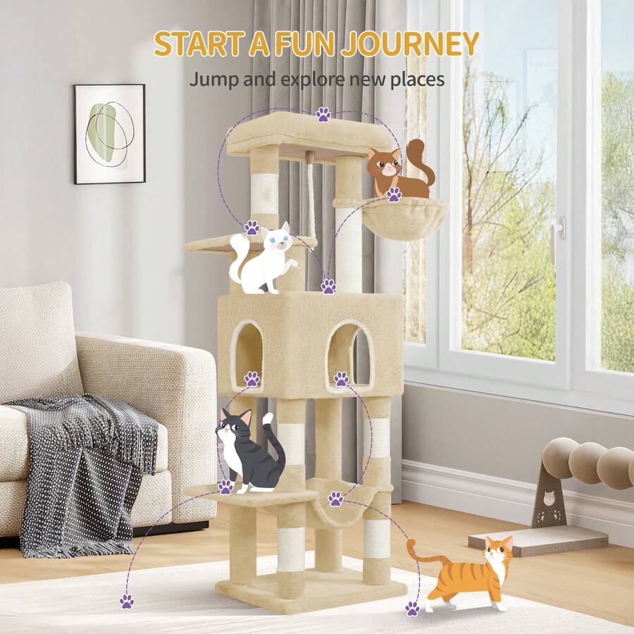HEXCELEN Cat Tree, 149cm, With 5 Scratching Posts, Large Platforms, Hiding Cave, Multi-Level Cat Activity Center, Pom-Poms, Beige - Beige - View 1