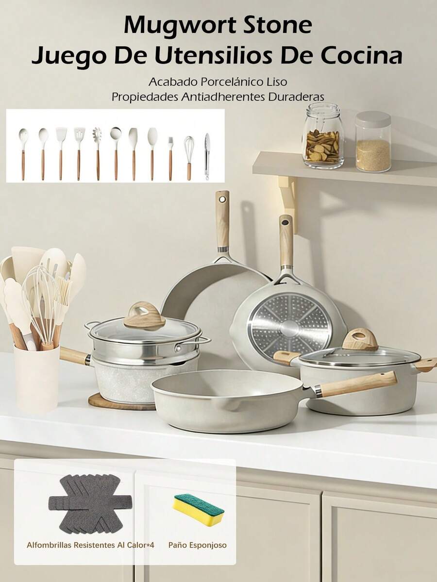Juego de utensilios de cocina multifuncionales de 9 piezas, sartén antiadherente de cerámica saludable de agarre suave, juego de ollas de cocina de 9 piezas, juego para el hogar con tapa de vidrio templado, revestimiento antiadherente, conducción eficiente del calor, resistente y duradero, excelente sensación, variedad de ollas Los tipos satisfacen las necesidades diarias