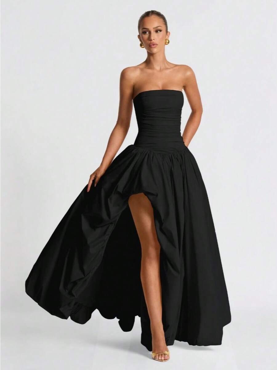 Slimming, Stylish, Fresh, Solid Color, Lace-Up, Low-Neck, Fitted Waist, Pleated, Flared Spaghetti Strap Dress - Black - View 1