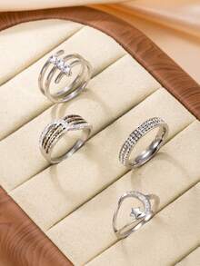 Set de 4 anillos de acero inoxidable con capas de lujo, con diamante de imitación y brillo de estrella, adecuado para uso diario o para fiestas de mujeres - anillo - Ver 6
