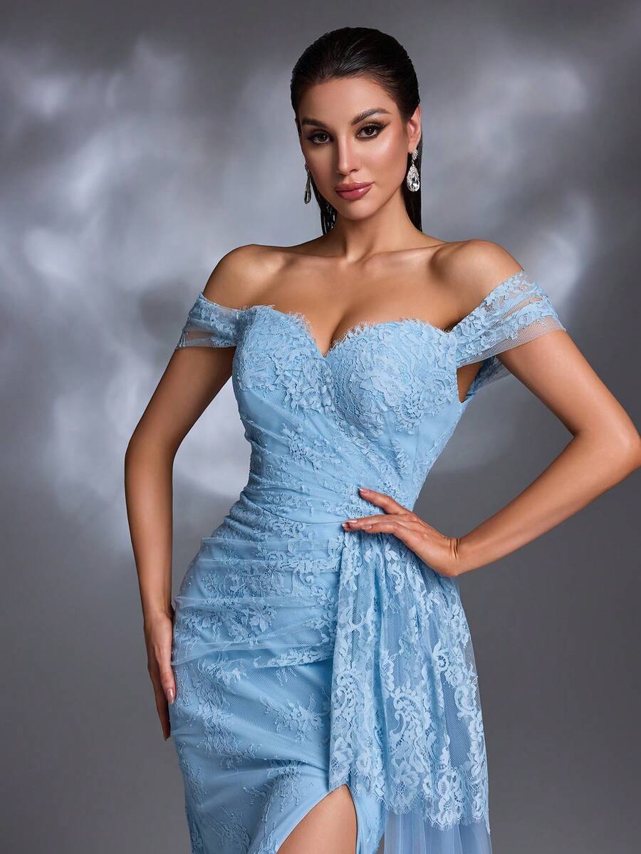 A Light Blue Lace-Embroidered Off-Shoulder Short Sleeve Waist-Cinching Lace-Up High-Slit Tulle Train Elegant Evening Gown - sea blue - View 1