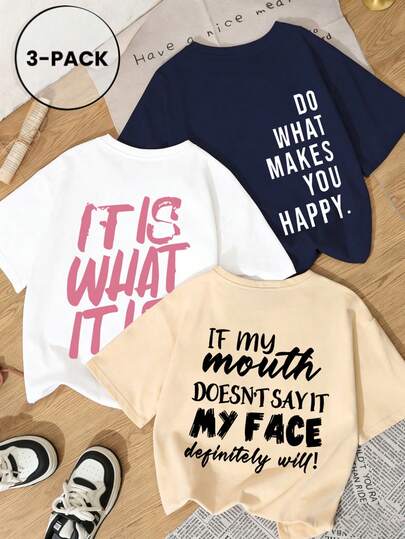3 قطع تيشيرتات نسائية كاجوال جديدة بتصميم جميل وفضفاض بياقة دائرية وأكمام قصيرة، ملابس عصرية للاستخدام اليومي والعطلات. طقم جديد للنساء للصيف بطباعة جرافيك، مجموعة من 3 قطع بياقة دائرية. مناسبة لعيد الحب، العودة للمدرسة، عيد المعلم وأعياد أخرى. طباعة حرفية، ناعمة، فضفاضة ومريحة، ملابس علوية كاجوال بأكمام قصيرة