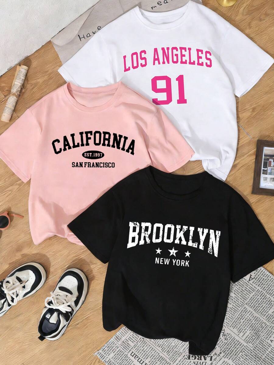 3pcs/Set Summer New Simple American Letter Design Graphic Print Casual Round Neck Short Sleeve T-Shirt, Fashionable & Versatile Women Tops - Black and White and Pink - View 1