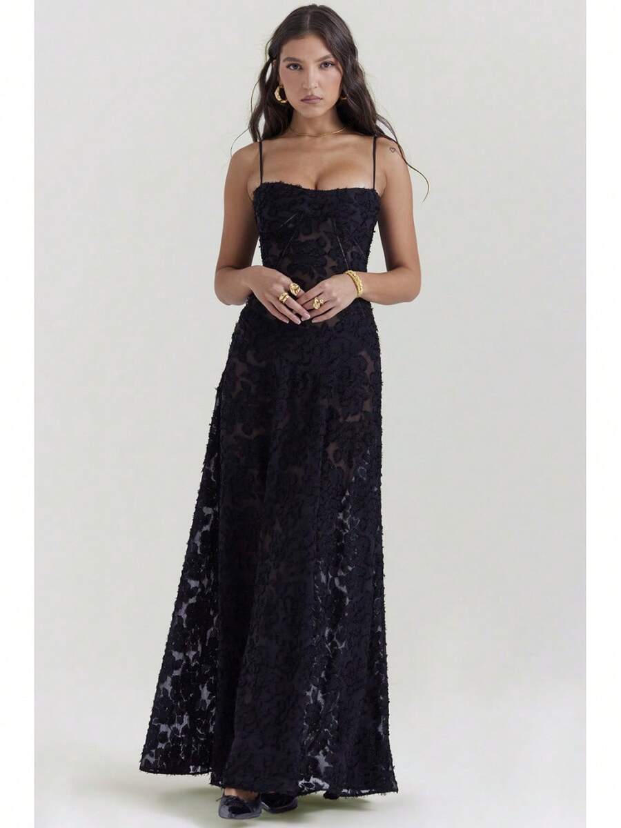 Sexy Sleeveless Strap Backless Dress Women's Chiffon Embroidered Square Neck Ball Gown Evening Dress - 黑色 - 查看 1