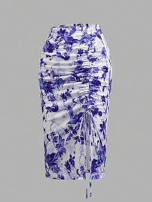 Falda de punto con estampado floral patchwork, de corte elegante y casual, con estilo bohemio y sexy, con cintura anudada, adecuada para vacaciones, citas nocturnas, fiestas de cumpleaños, primavera/verano - Azul y blanco - Ver 2