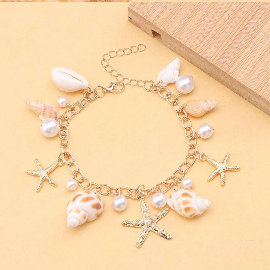 1 Piece Starfish Bracelet In Alloy And Pearl, Bohemian Style, For Women, Summer Beach - 彩色 - 查看 1