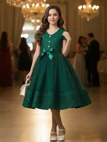 女童绿色云朵提花网纱罩衫连衣裙，适合假日派对 - 綠色 - 查看 2