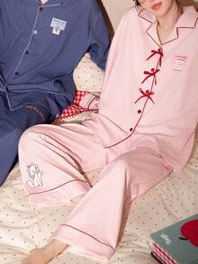 2pcs Disney Marie Cat Print Cotton Pajama Set, Long Sleeve, Pink, For Women, Spring/Autumn - Pink - View 8