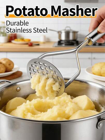 1pc Stainless Steel Manual Potato Masher, Durable Stainless Steel Potato Ricer, Multi-Functional Vegetable & Fruit Masher For Home, School, No Electricity Required, Ergonomic Non-Slip Handle - Suitable For Mashing Potatoes, Garlic, Baby Food